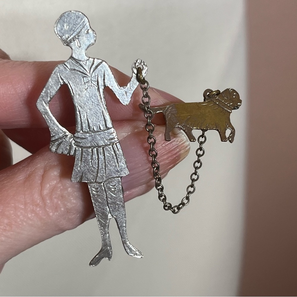 Antique Art Deco 1920's Era Silver Flapper Double Brooch